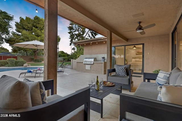 patio terrace at dusk featuring outdoor lounge area, a grill, area for grilling, and a fenced in pool