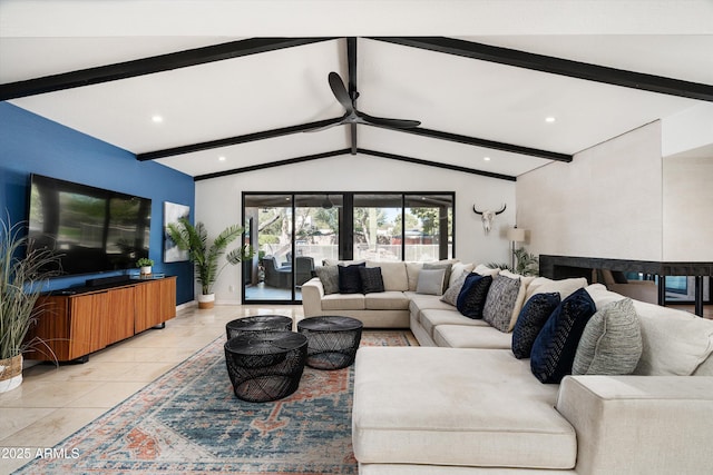 tiled living room with vaulted ceiling with beams and ceiling fan