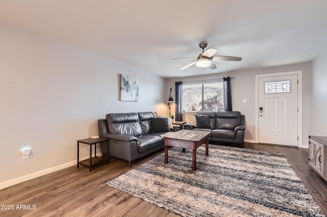 1718 W Voltaire Ave, Phoenix, AZ 85029 - living area featuring ceiling fan, dark wood-style floors, and baseboards