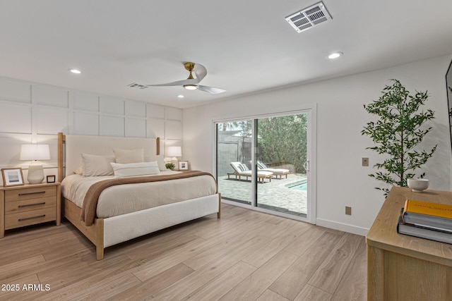 8119 E San Miguel Ave, Scottsdale, AZ 85250 - bedroom with access to exterior, light wood-type flooring, recessed lighting, and a ceiling fan