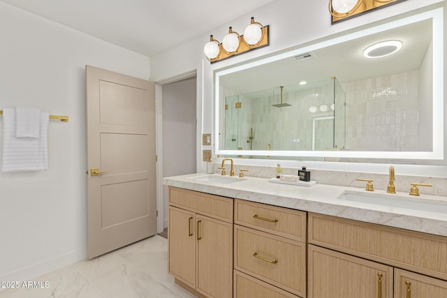 8119 E San Miguel Ave, Scottsdale, AZ 85250 - bathroom featuring a stall shower, marble finish flooring, and double vanity
