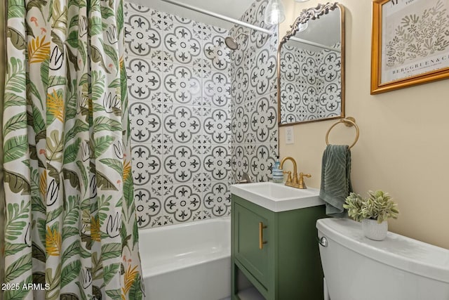 full bathroom with vanity, shower / bath combination with curtain, and toilet