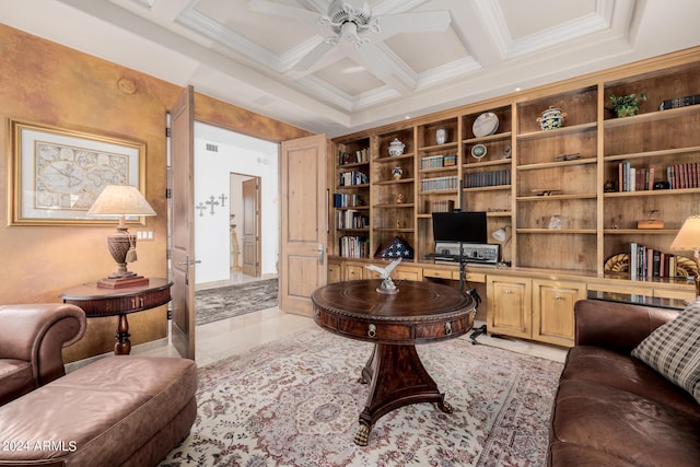 tiled living room featuring coffered ceiling, beam ceiling, and ceiling fan