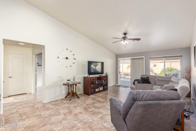 living room with ceiling fan and high vaulted ceiling