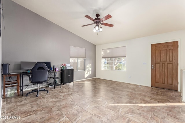 office space with ceiling fan and lofted ceiling