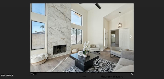 living room with a fireplace, high vaulted ceiling, and hardwood / wood-style flooring