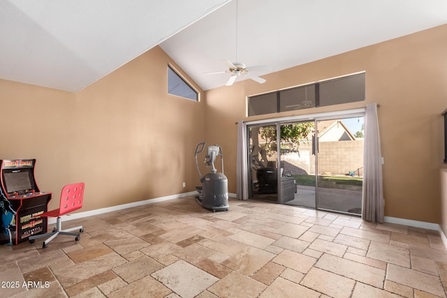 interior space with high vaulted ceiling and ceiling fan