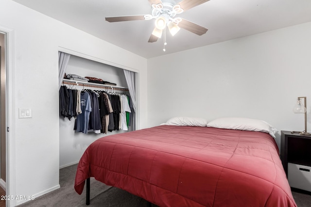 carpeted bedroom featuring a closet and ceiling fan