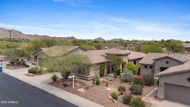 41627 N Cedar Chase Rd, Anthem, AZ 85086 - ranch-style house with a mountain view, stucco siding, a tile roof, and a residential view