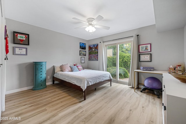 bedroom featuring light wood finished floors, access to outside, baseboards, and a ceiling fan