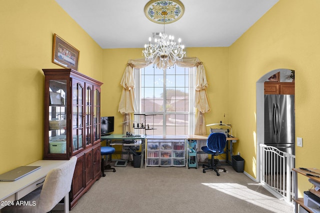 office featuring light carpet and a chandelier