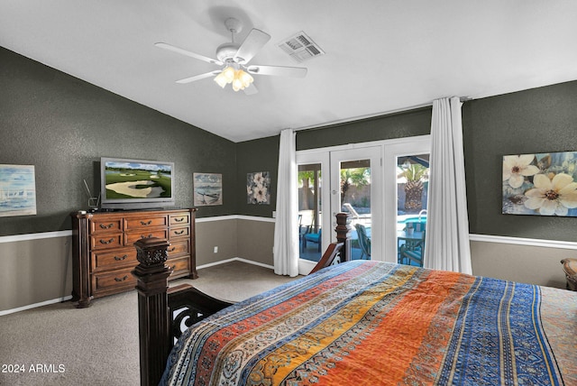 bedroom featuring carpet flooring, access to outside, vaulted ceiling, and ceiling fan