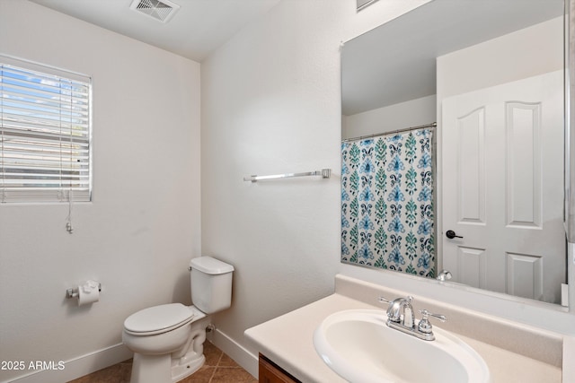 full bath with toilet, vanity, baseboards, visible vents, and tile patterned floors