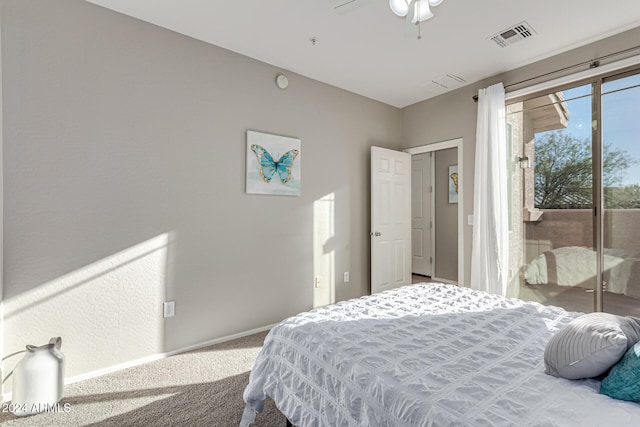 bedroom with ceiling fan, carpet flooring, and access to exterior