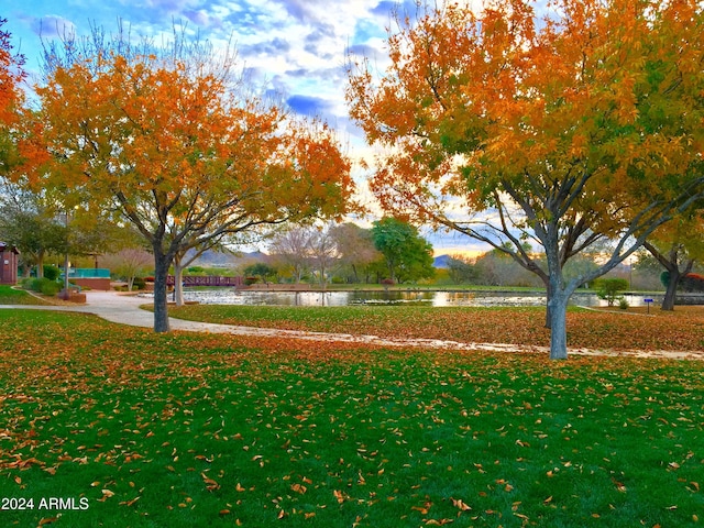 surrounding community featuring a water view and a lawn