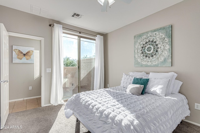 bedroom with access to exterior, carpet floors, and ceiling fan