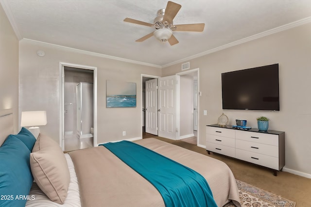 bedroom featuring visible vents, baseboards, a ceiling fan, ornamental molding, and carpet floors