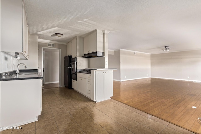 kitchen featuring visible vents, a ceiling fan, freestanding refrigerator, white cabinetry, and a sink