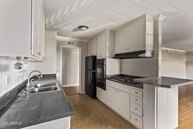 kitchen with visible vents, dark countertops, under cabinet range hood, black appliances, and a sink