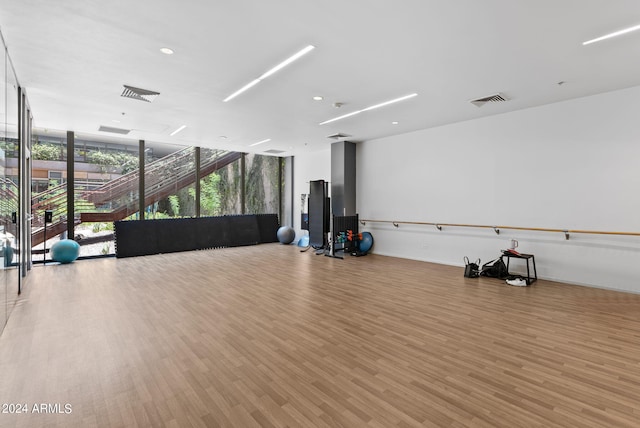 workout area with expansive windows and light hardwood / wood-style floors