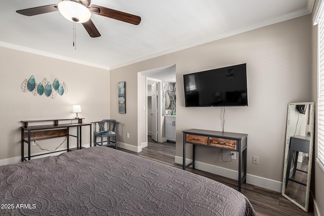 bedroom with baseboards, ornamental molding, and wood finished floors