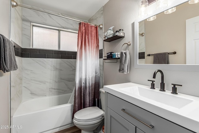 bathroom featuring vanity, a textured wall, toilet, and shower / bath combination with curtain