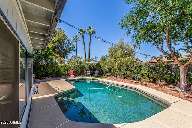 view of pool with a fenced backyard, a fenced in pool, and a patio area