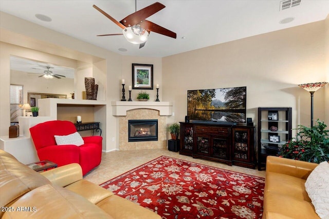 living room with a fireplace