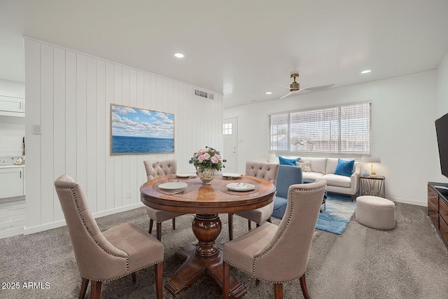 dining area with baseboards, visible vents, ceiling fan, carpet flooring, and recessed lighting