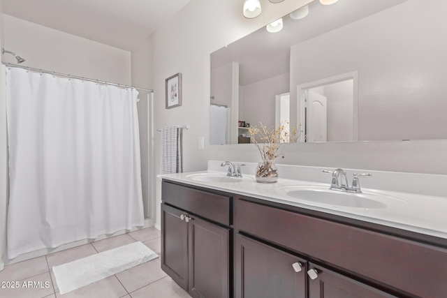 4741 E Fire Opal Ln, San Tan Valley, AZ 85143 - bathroom featuring tile patterned floors, double vanity, and a shower with shower curtain