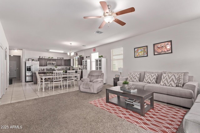 4741 E Fire Opal Ln, San Tan Valley, AZ 85143 - living area with ceiling fan, light carpet, and light tile patterned floors