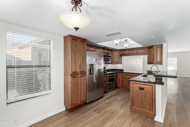 kitchen featuring appliances with stainless steel finishes, a tray ceiling, sink, pendant lighting, and light hardwood / wood-style flooring