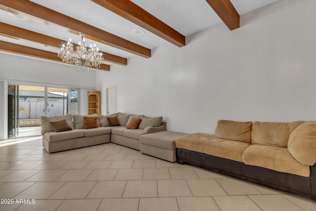 living room with beamed ceiling, light tile patterned flooring, and an inviting chandelier