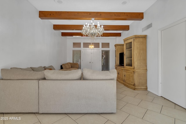 unfurnished living room with an inviting chandelier and beam ceiling