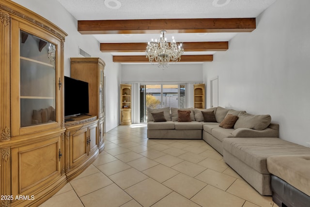 living room with an inviting chandelier, light tile patterned floors, a textured ceiling, and beamed ceiling