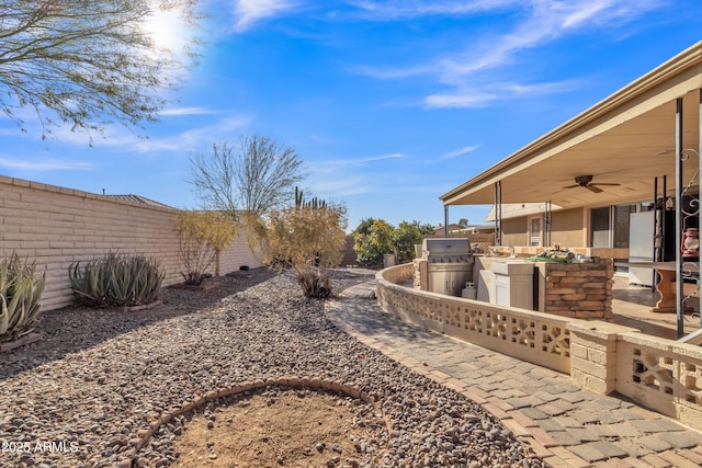 view of yard with exterior kitchen, ceiling fan, and a patio area