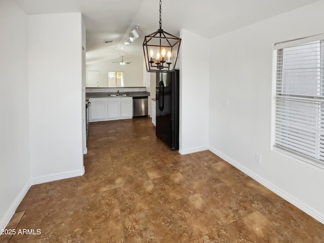 kitchen with pendant lighting, white cabinetry, dishwasher, sink, and black fridge with ice dispenser