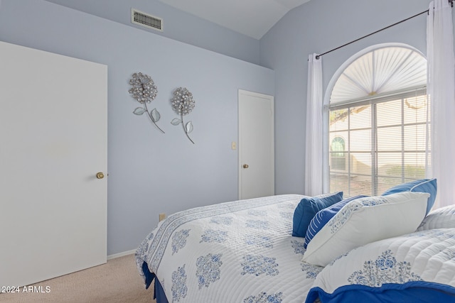 bedroom featuring carpet and lofted ceiling