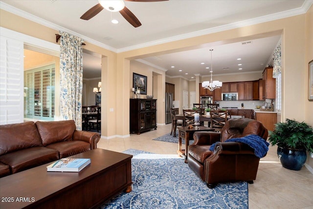 living room with light tile patterned floors, recessed lighting, ceiling fan with notable chandelier, baseboards, and crown molding