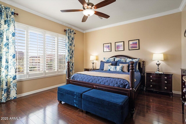 bedroom featuring wood-type flooring, baseboards, ceiling fan, and crown molding