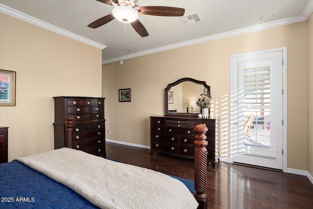 bedroom with crown molding, visible vents, a ceiling fan, wood finished floors, and baseboards