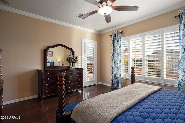 bedroom with ornamental molding, visible vents, baseboards, and wood finished floors