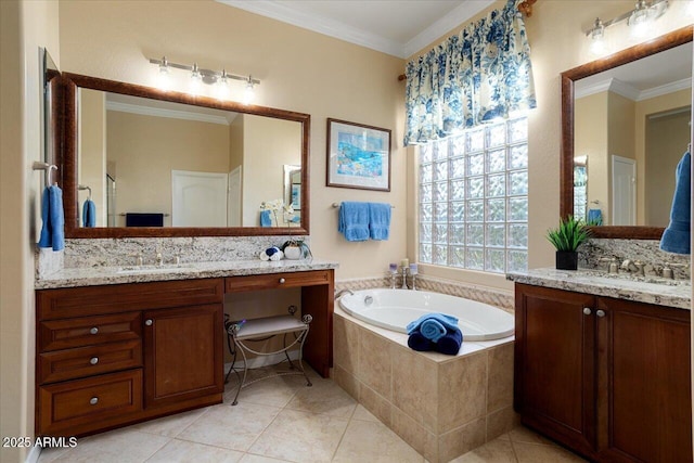 bathroom featuring a garden tub, tile patterned floors, a sink, and crown molding