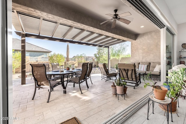 fenced backyard with outdoor dining space, an outdoor hangout area, a ceiling fan, a patio, and a pergola