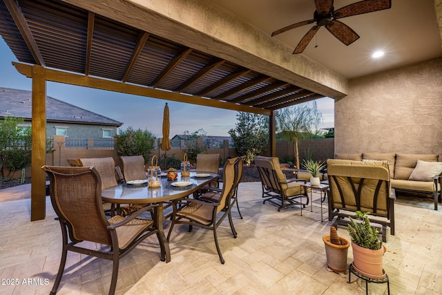 fenced backyard with outdoor lounge area, outdoor dining space, a patio, a ceiling fan, and a pergola