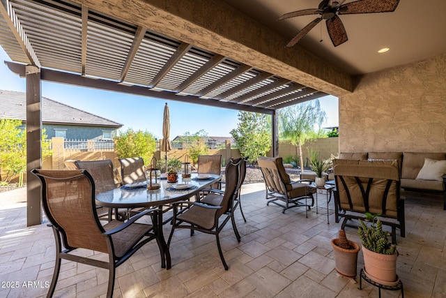 fenced backyard featuring outdoor dining area, an outdoor living space, a pergola, a ceiling fan, and a patio area