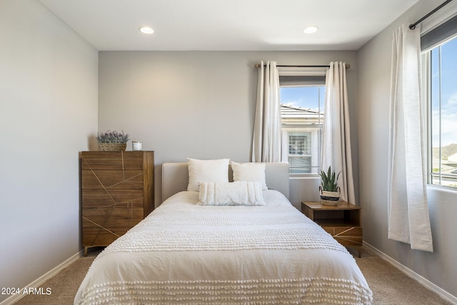 bedroom with dark carpet