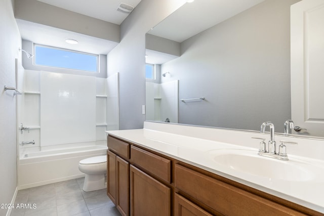 full bathroom with shower / bath combination, toilet, vanity, and tile patterned flooring