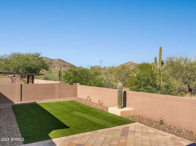 view of yard featuring a patio area and a mountain view