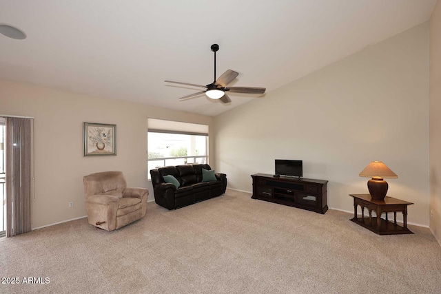 4081 N 156th Dr, Goodyear, AZ 85395 - living room featuring carpet flooring, a ceiling fan, lofted ceiling, and baseboards